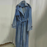 outfit inspo European Wash Blue Denim Long Trench Coat Women's Autumn Elegant High-Grade Retro Casual Double Breasted Denim Overcoat