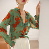 business casual outfits Green Artificial Silk Shirt Women's Niche Contrast Color Jacquard Mulberry Silk Chiffon Shirt Long Sleeve Loose Women's