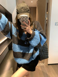 fall sweater Lazy Thick Striped Loose plus Size Pullover Sweater Lantern Sleeve Pullover Women's Autumn and Winter New G9