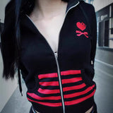 y2k Embroidered Skull Long Sleeve Zipper Hooded Sweater Hip Hop Street Women's Loose Slim Cardigan Jacket