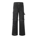 skater boy outfits Punk Distressed Ripped Workwear Jeans Men's Waste Soil Design Stitching Burr Multi-Pocket Straight Trousers