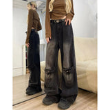 grunge dti American-Style Retro Black Stitching Ripped Jeans Women's High Street Loose Straight Wide-Leg Mopping Pants