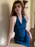 90s streetwear  New Hong Kong Style Retro V-neck Sleeveless Backless Halter Small Denim Dress Fashion