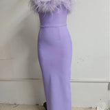 classy demure mindful dress to impress Autumn New Sexy Tube Top Light Purple Feather Elegant Tight Slimming Long Bandage Dress