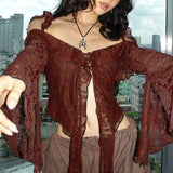 frat boy outfits New off-Shoulder off-Shoulder Sexy Wooden Ear Bell Sleeve Slimming Lace Irregular Lace-up Cardigan Top