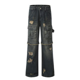 skater boy outfits Punk Distressed Ripped Workwear Jeans Men's Waste Soil Design Stitching Burr Multi-Pocket Straight Trousers