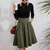 work outfits women Women's Pocket Button Waist Elegant Umbrella Skirt French Mid-Length Skirt