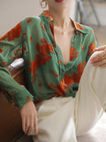 business casual outfits Green Artificial Silk Shirt Women's Niche Contrast Color Jacquard Mulberry Silk Chiffon Shirt Long Sleeve Loose Women's