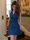 90s streetwear  New Hong Kong Style Retro V-neck Sleeveless Backless Halter Small Denim Dress Fashion