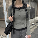 picture day outfit highschool INS Fashion Pure Sweet Style Fake Two-Piece Breasted round Neck Slim Slimming Solid Color Knitted T-shirt Women's Clothing