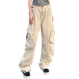 90s fashion Large Pocket Workwear Casual Pants Couple New Retro High Waist Straight Trousers Loose Slimming Wide Leg Denim