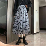 church outfit Flocking Skirt Women's Spring and Summer New Mesh Pleated Japanese Skirt A- Line Skirt Floral Spring Skirt