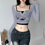 y2k outfits Style Two-Piece Butterfly Print Hot Girl T-shirt Early Autumn Women's New Short Slim Bottoming Long-Sleeved Top