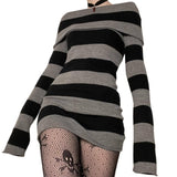 grunge dti Ebayy2g New Striped Lapel off-Shoulder Slim Long Knitted Sweater Dress 905