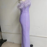 classy demure mindful dress to impress Autumn New Sexy Tube Top Light Purple Feather Elegant Tight Slimming Long Bandage Dress