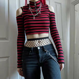 y2k outfits Contrast Color Striped off-the-Shoulder Slim-Fit Short Knitted Long-Sleeved T-shirt Top Spring New