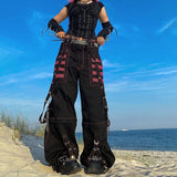 Ebbgo 2000s fashion Early Spring New Women's Clothing Loose Contrast Color Striped Mesh Stitching Dark Chain Ribbon Woven Pants