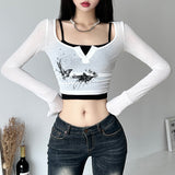 Ebbgo y2k outfits Style Two-Piece Butterfly Print Hot Girl T-shirt Early Autumn Women's New Short Slim Bottoming Long-Sleeved Top