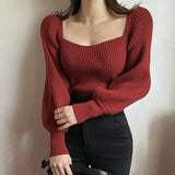 90s streetwear Bottoming Shirt Lantern Sleeve Short Pullover Sweater Top Women's Style Autumn and Winter French Niche Square Collar Sweater Women