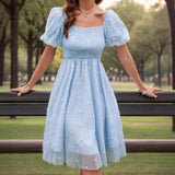 cybergoth dress to impress New Casual Embroidered Square Collar Sunflower Large Swing French Tea Break Dress 8135