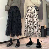 church outfit Flocking Skirt Women's Spring and Summer New Mesh Pleated Japanese Skirt A- Line Skirt Floral Spring Skirt