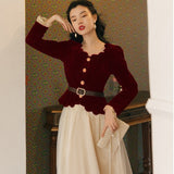 cybergoth dress to impress Retro Wavy round Neck Long Sleeve Velvet Coat with Mesh Skirt French Fairy Style Suit Skirt