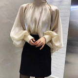 2000s fashion Spring NEW High Collar Back Lace-up Elegant Socialite Exaggerated Lantern Sleeve Shirt Loose Shirt