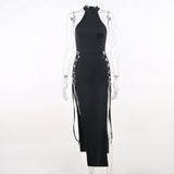 cybergoth dress to impress Slim-Fit Slimming Hot Girl Hip Strap Dress Sexy Halter Hollow-out Double Slit Dress