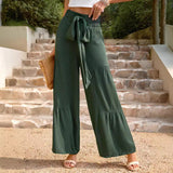 western outfits women Summer Women's Fashion Lace-up Stitching High Waist Pleated Wide-Leg Pants Casual Solid Color Loose Trousers