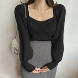 90s streetwear Bottoming Shirt Lantern Sleeve Short Pullover Sweater Top Women's Style Autumn and Winter French Niche Square Collar Sweater Women