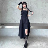 cybergoth dress to impress Sweet Cool Style Small Strap Small Black Dress New Dark Irregular Strap Dress Women