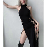 cybergoth dress to impress Slim-Fit Slimming Hot Girl Hip Strap Dress Sexy Halter Hollow-out Double Slit Dress