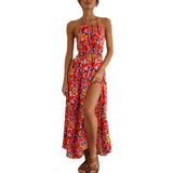 rainforest dress to impress Summer Women's Halter Red Printed Sexy Backless Waist-Tight Large Swing Beach Dress