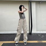 90s fashion Large Pocket Workwear Casual Pants Couple New Retro High Waist Straight Trousers Loose Slimming Wide Leg Denim