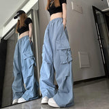 Ebbgo y2k outfits American Retro Overalls Women's Summer High Waist Straight Wide Leg Design Sense Niche Loose Casual Mopping Pants Fashion