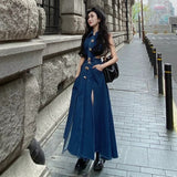 frat boy outfits American Hot Girl Hollow-out Waist Denim Dress Women's Summer 2024 New Retro Temperament Sleeveless Split Dress