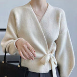 Ebbgo teacher outfits Knitwear Bow Strap V-neck Women's High Waist Cardigan Sweater Women's Coat Outer Top French Style