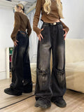 grunge dti American-Style Retro Black Stitching Ripped Jeans Women's High Street Loose Straight Wide-Leg Mopping Pants