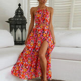 rainforest dress to impress Summer Women's Halter Red Printed Sexy Backless Waist-Tight Large Swing Beach Dress