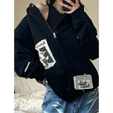 90s streetwear Baseball Uniform Cardigan Coat Women's Spring and Autumn Wide Zipper Loose Lazy Style Hooded Sweater