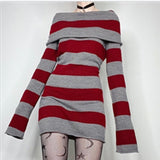 grunge dti Ebayy2g New Striped Lapel off-Shoulder Slim Long Knitted Sweater Dress 905