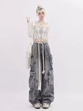 dream clothes Street Fun Graffiti Multi-Pocket Workwear Jeans Women's Spring High Waist Loose Slimming Wide Leg Mopping Pants