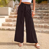 western outfits women Summer Women's Fashion Lace-up Stitching High Waist Pleated Wide-Leg Pants Casual Solid Color Loose Trousers