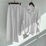 90s streetwear Women's 2-Piece Retro plus Size Cotton and Linen Shirt Suit High Waist Loose Trousers