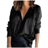 black men fashion urban Pullover V-neck Solid Color Elegant Commuter Satin Long Sleeve Shirt for Women