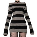 grunge dti Ebayy2g New Striped Lapel off-Shoulder Slim Long Knitted Sweater Dress 905