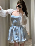 Ebbgo  -  Women Elegant Summer Sleeveless Blue Birthday Party Dress Lady High Waist A-line Princess Dress Flare Sleeve Patchwork Y2k Dress