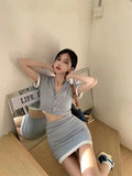 Ebbgo  Spicy Girl Sweet T-shirt Wrap Hip Skirt Two Piece Set Women V-neck Single Breasted Solid Academy Elastic Slim Summer Chic Suit