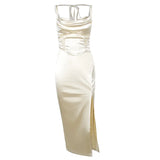 Ebbgo  Women's Fish Bone Pleated Suspender Dress, Sexy Evening Dress, Tight Fitting, Monochromatic, Traf