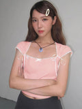 Ebbgo   Lace Bandage Shirts For Women 2024 Summer Pink Lovely Crop Tops Womens Street Casual Bodycon Lace-up Tank Top Ladies New